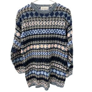 Vintage 90’s Blue Pink Geometric Fair Isle Knit Sweater Small